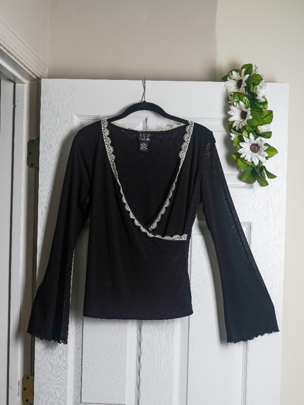 Vintage y2K Black Long Sleeve Blouse Lace Trim Plunge V-Neck Bell Sleeves